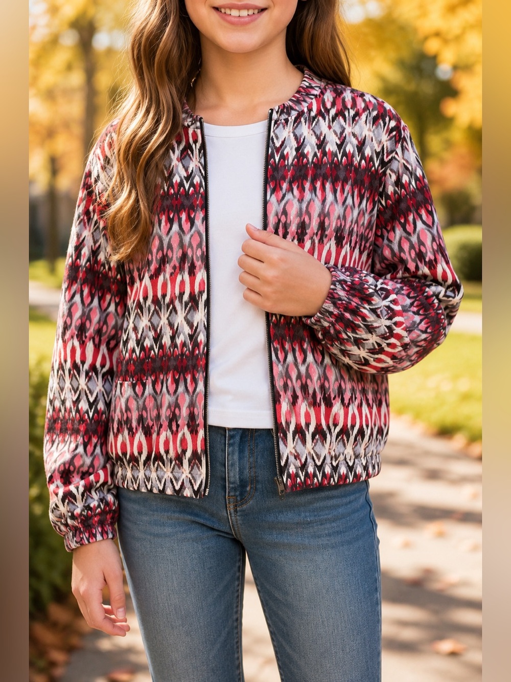 LuLaRoe Girls Monroe Zip Front Jacket Red Gray Black Pink Geometric Print 12